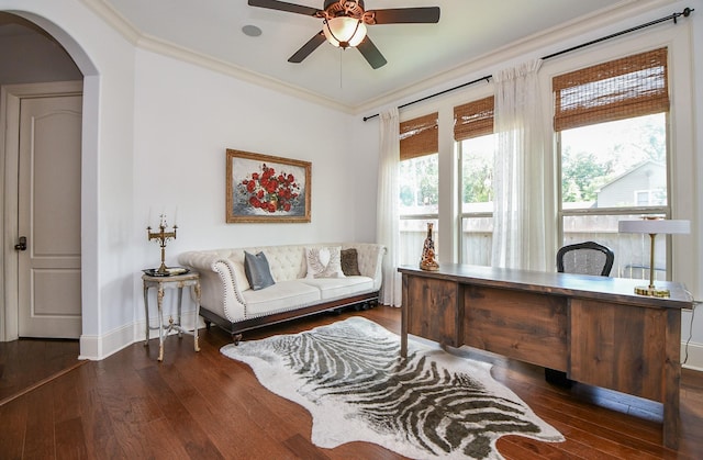 home office featuring dark wood-type flooring, ceiling fan, and ornamental molding