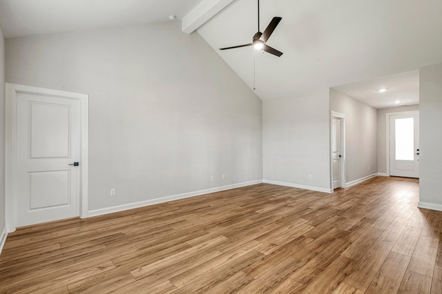 interior space featuring ceiling fan, beamed ceiling, light hardwood / wood-style floors, and high vaulted ceiling