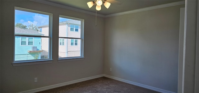 unfurnished room with carpet, ceiling fan, and ornamental molding