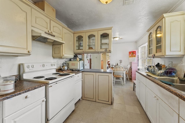 kitchen with white appliances, sink, crown molding, a textured ceiling, and kitchen peninsula