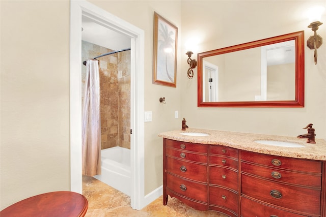 bathroom with shower / bath combination with curtain and vanity