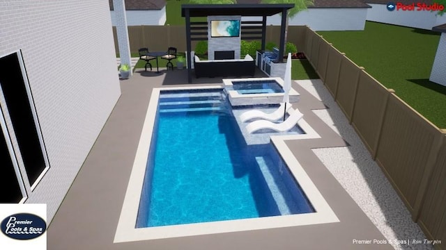 view of swimming pool with a patio area, an outdoor hangout area, and an in ground hot tub