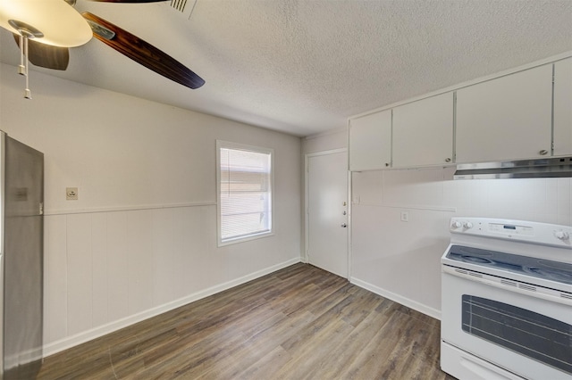 kitchen with a textured ceiling, ceiling fan, white cabinets, hardwood / wood-style floors, and white range with electric cooktop