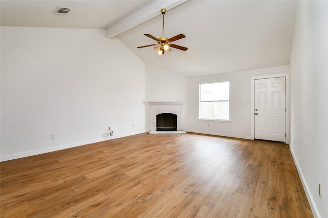 unfurnished living room featuring beamed ceiling, ceiling fan, high vaulted ceiling, and light hardwood / wood-style flooring