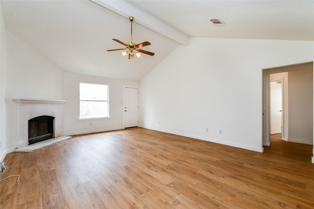 unfurnished living room with lofted ceiling with beams, light hardwood / wood-style floors, and ceiling fan