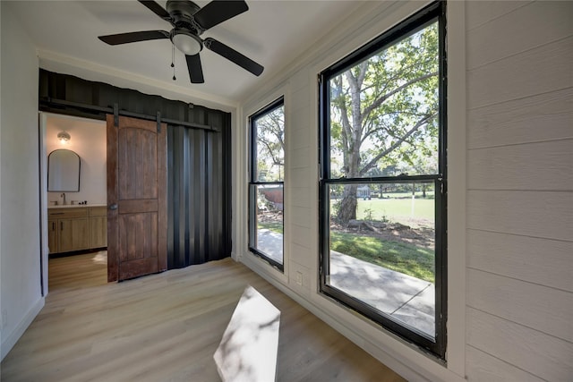 interior space featuring a barn door, ceiling fan, and sink