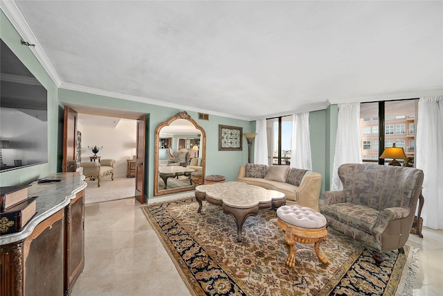 living room featuring floor to ceiling windows and ornamental molding