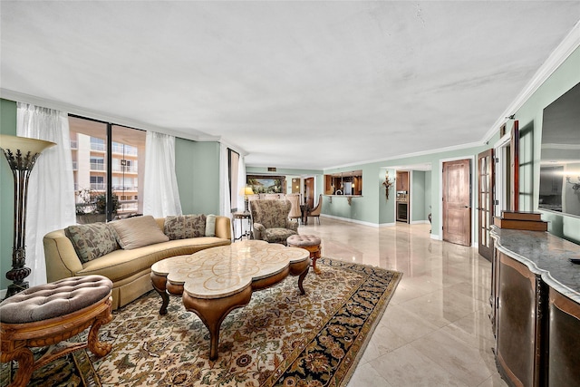 living room with ornamental molding