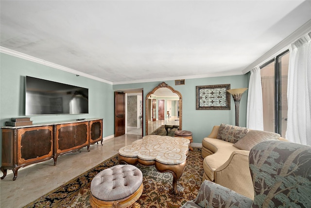 living room with ornamental molding and light tile patterned floors