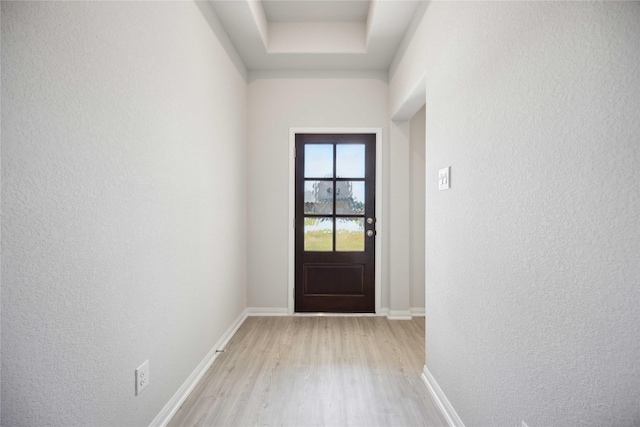 entryway with light hardwood / wood-style floors and a raised ceiling