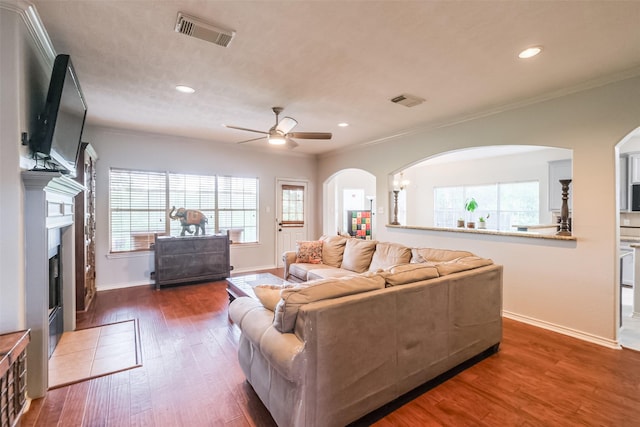 living room featuring plenty of natural light, dark hardwood / wood-style floors, crown molding, and ceiling fan