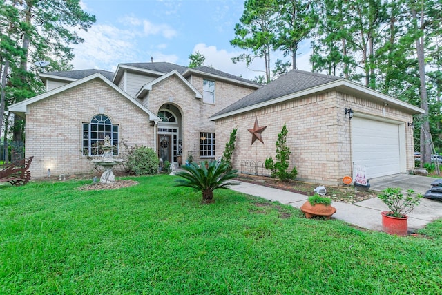 view of front of property featuring a front yard and a garage