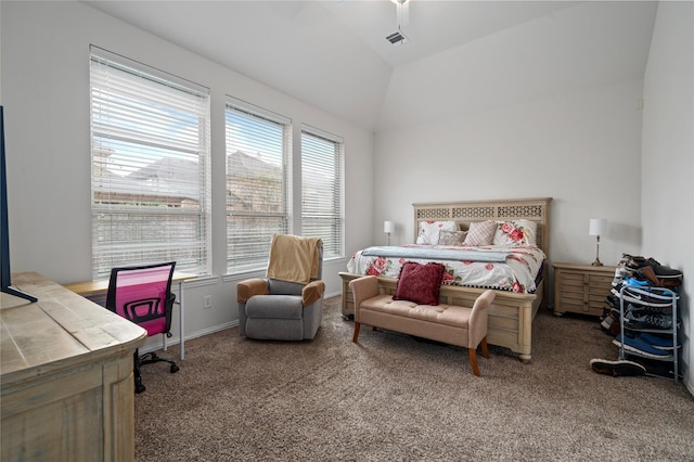 bedroom with carpet floors and vaulted ceiling