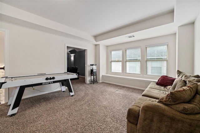 playroom with carpet flooring and a raised ceiling