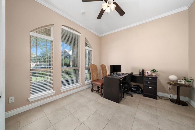 tiled office with ceiling fan and crown molding