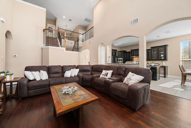 living room featuring dark wood-type flooring and a high ceiling