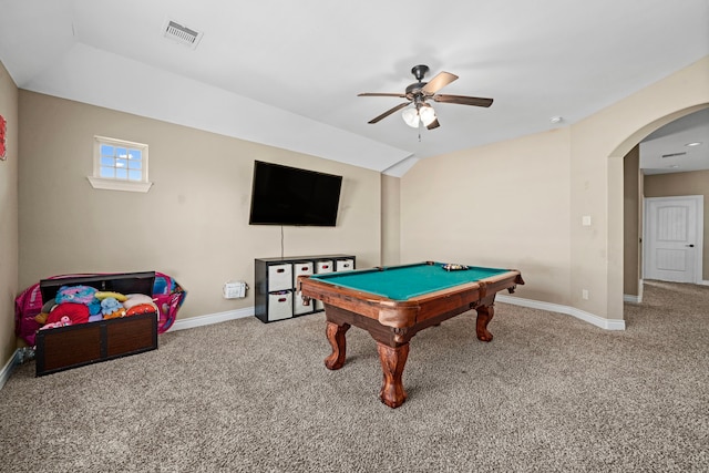 game room featuring ceiling fan, carpet floors, and billiards