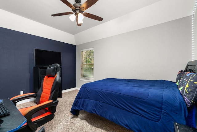 bedroom with carpet, ceiling fan, and lofted ceiling