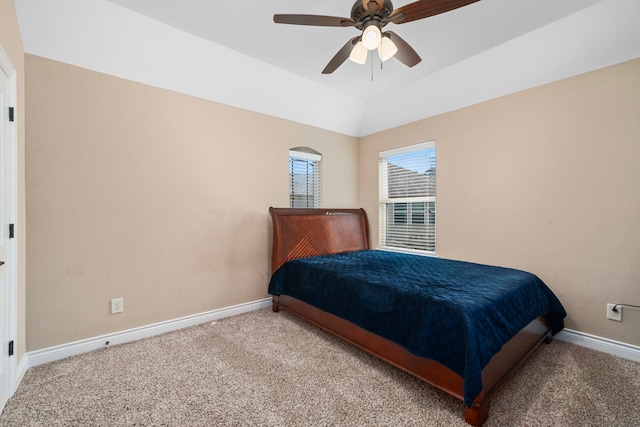 bedroom featuring carpet, ceiling fan, and lofted ceiling