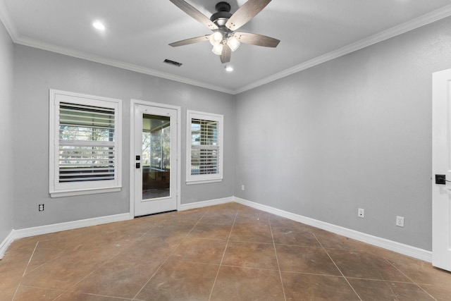 tiled empty room featuring plenty of natural light, crown molding, and ceiling fan