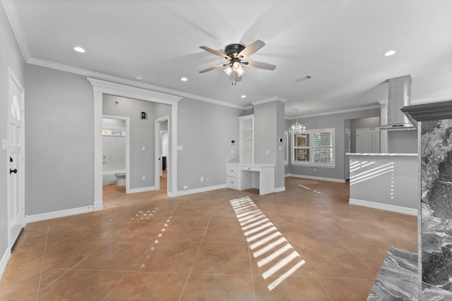 unfurnished living room with tile patterned floors, crown molding, and ceiling fan with notable chandelier