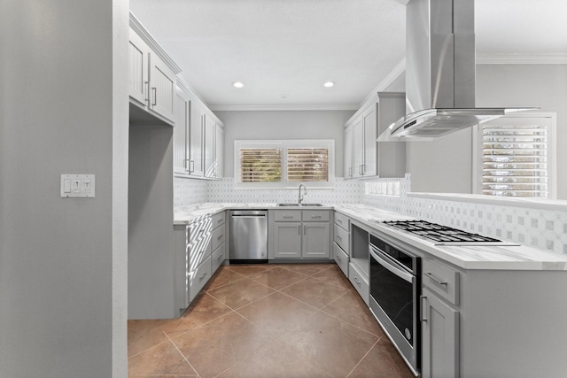 kitchen featuring tasteful backsplash, stainless steel appliances, extractor fan, crown molding, and sink