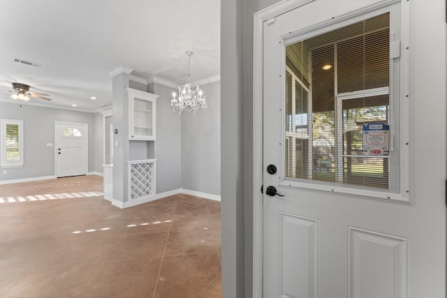 doorway to outside with tile patterned flooring, ceiling fan with notable chandelier, and ornamental molding