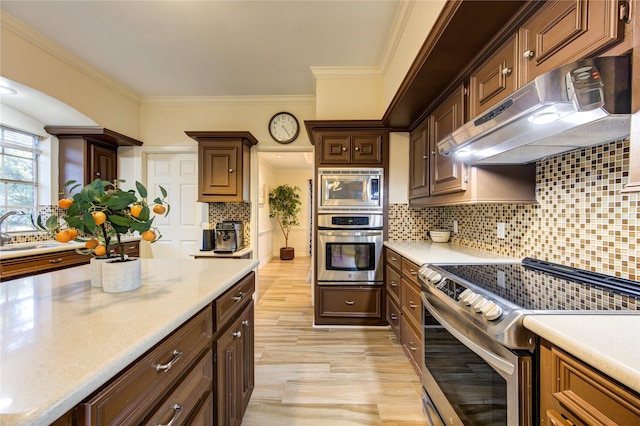 kitchen with sink, tasteful backsplash, light hardwood / wood-style flooring, appliances with stainless steel finishes, and ornamental molding