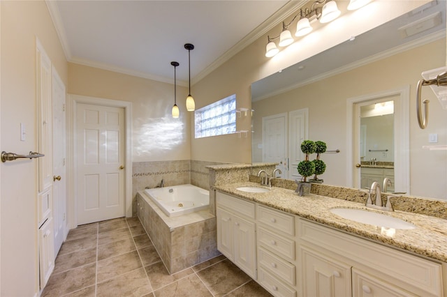 bathroom featuring tile patterned flooring, vanity, crown molding, and tiled bath