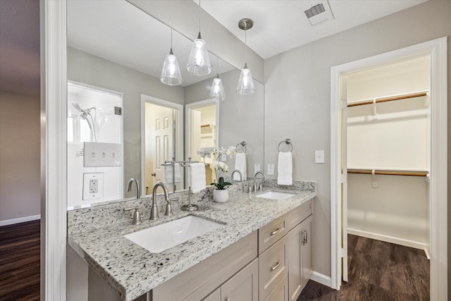 bathroom with vanity and wood-type flooring