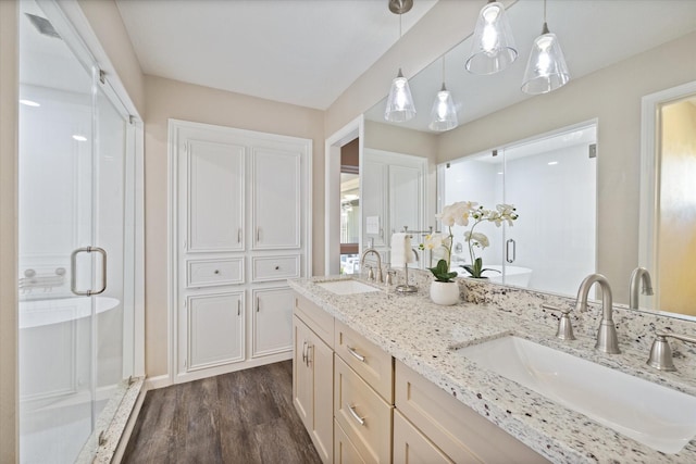 bathroom featuring hardwood / wood-style floors, vanity, and a shower with door