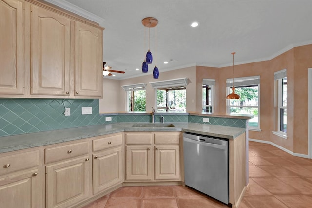 kitchen with pendant lighting, sink, stainless steel dishwasher, light brown cabinetry, and kitchen peninsula