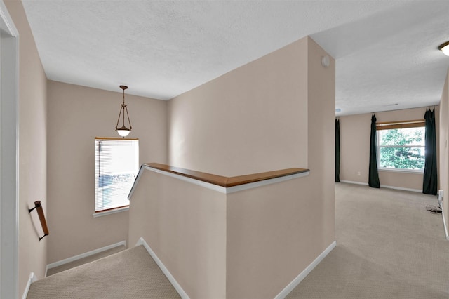 hallway with light carpet and a textured ceiling