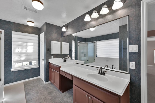 bathroom with separate shower and tub, tile patterned floors, and vanity