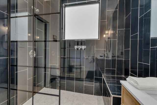 1411 Clay St, Brenham, TX 77833 - bathroom with tile walls, tiled shower, and vanity