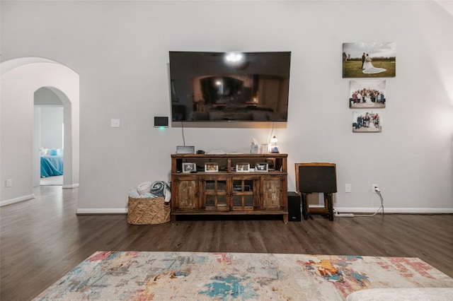 living room with dark hardwood / wood-style flooring