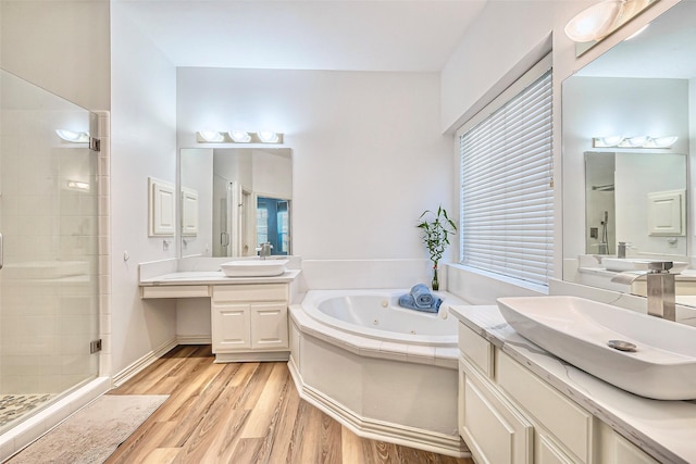 bathroom featuring vanity, separate shower and tub, and wood-type flooring