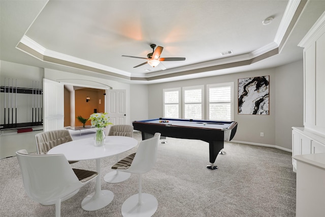 playroom with ceiling fan, billiards, a tray ceiling, and crown molding