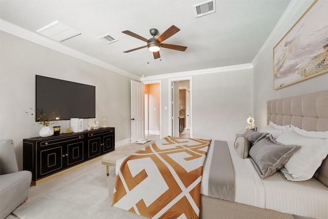 bedroom with ceiling fan and ornamental molding