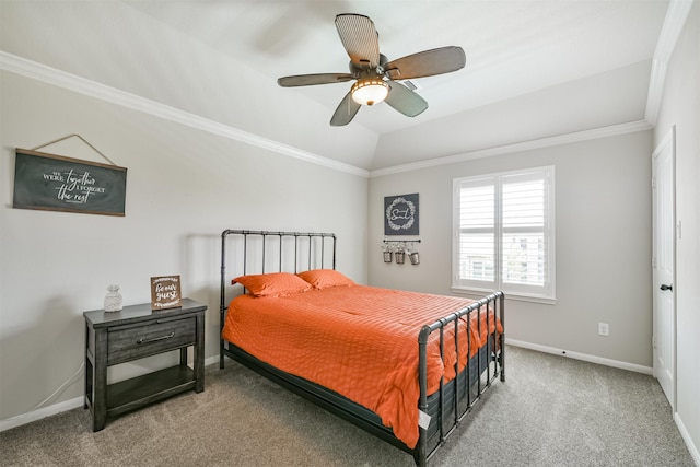 bedroom with ceiling fan, ornamental molding, and light colored carpet