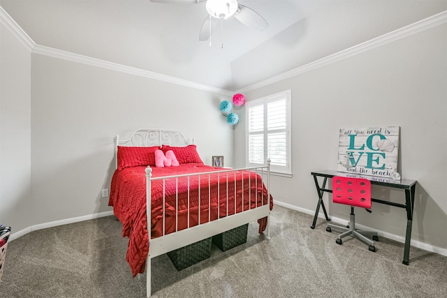 bedroom featuring ornamental molding, ceiling fan, and carpet