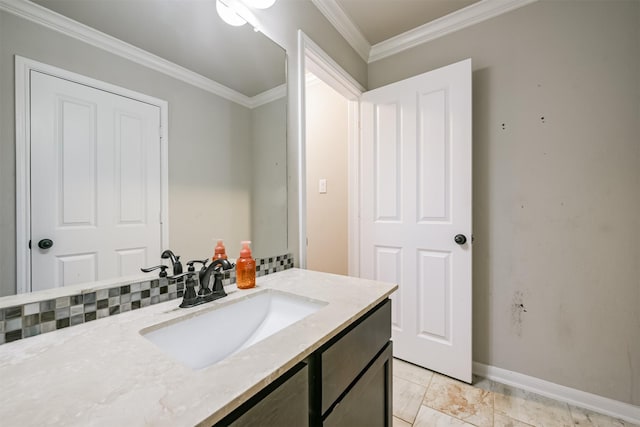 bathroom featuring vanity, tile patterned flooring, tasteful backsplash, and ornamental molding