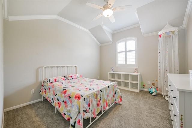 bedroom with vaulted ceiling, carpet, ornamental molding, and ceiling fan