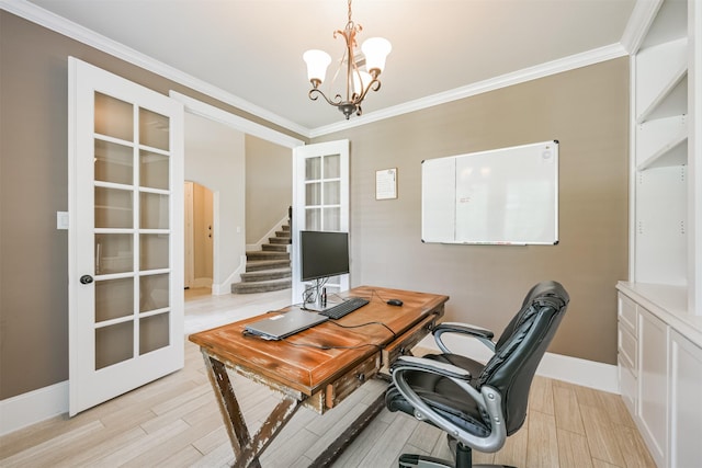 office area with french doors, ornamental molding, a notable chandelier, and light hardwood / wood-style flooring