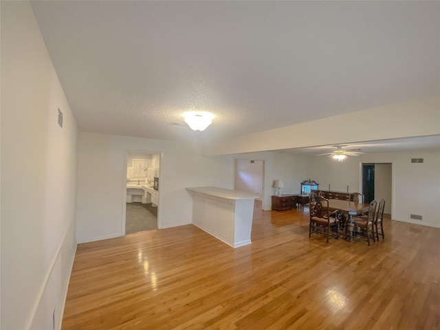 interior space featuring a textured ceiling, light hardwood / wood-style flooring, and ceiling fan