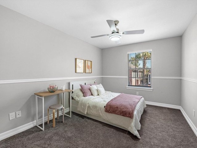 bedroom with ceiling fan and dark carpet