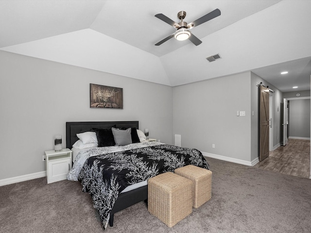 carpeted bedroom featuring ceiling fan and lofted ceiling