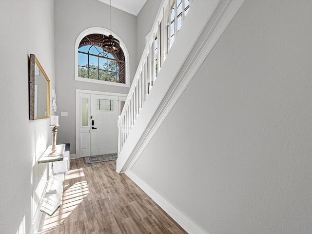 foyer entrance with wood-type flooring, a towering ceiling, and crown molding