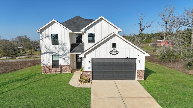 modern farmhouse featuring driveway, a shingled roof, a front lawn, board and batten siding, and brick siding