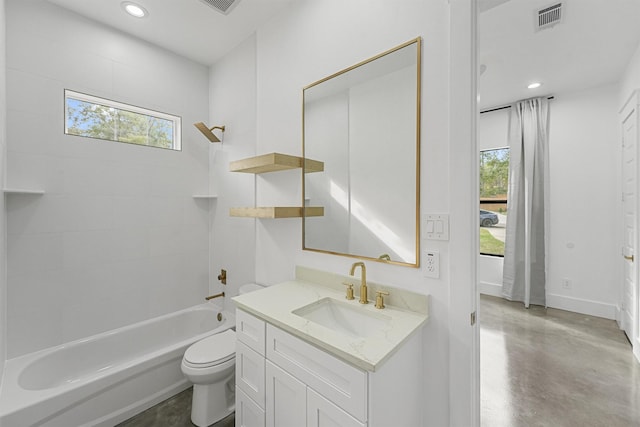 full bathroom featuring plenty of natural light, tub / shower combination, vanity, and concrete floors